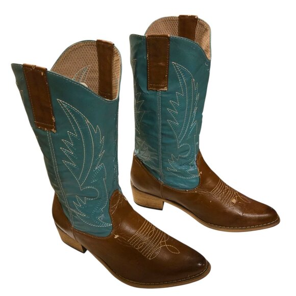 Turquoise and Brown Western Cowboy Boots Ladies Size 8 Synthetic Distressed - Picture 5 of 15